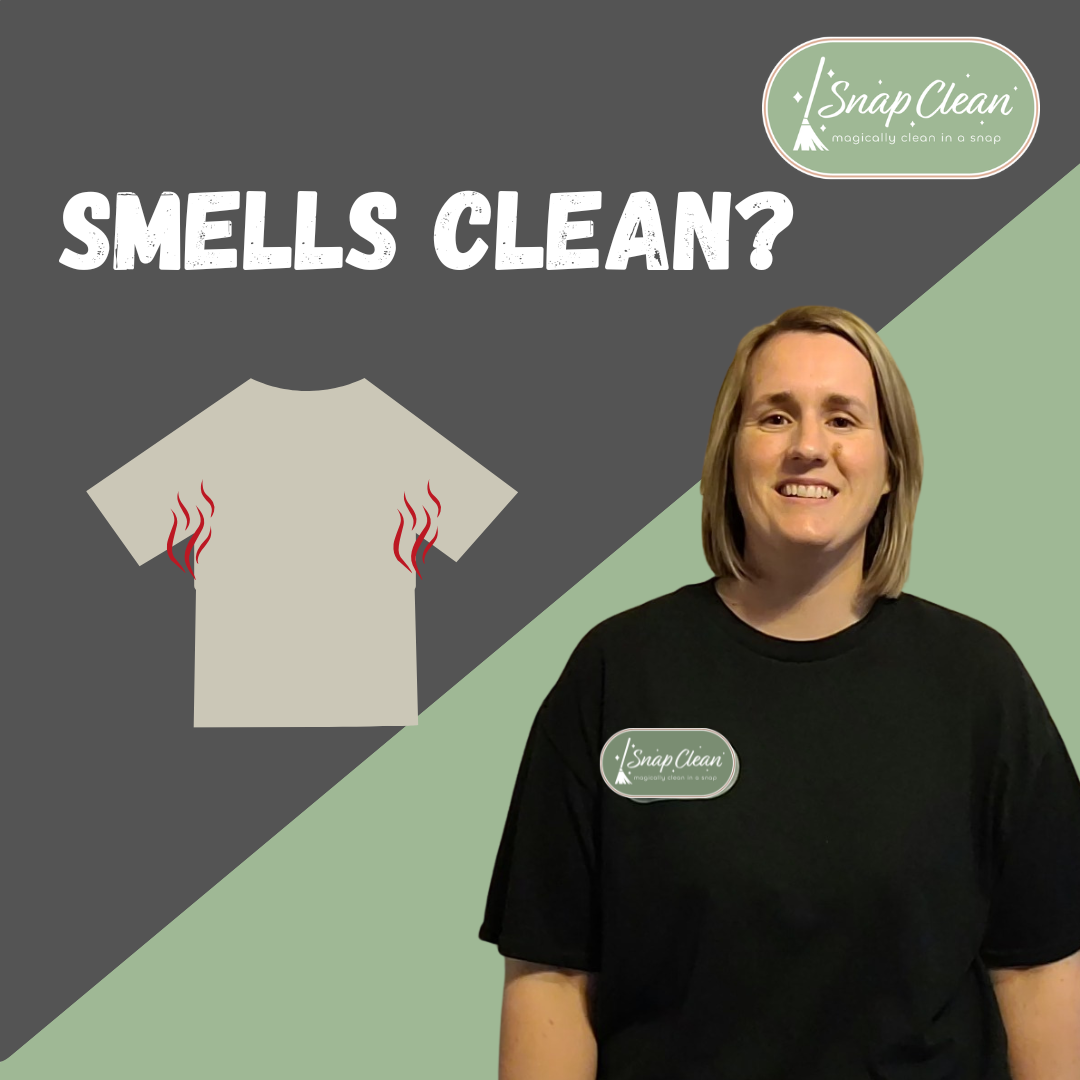 Woman beside a shirt graphic for a blog about why clothes still smell after washing