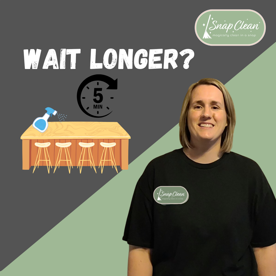 Snap Clean graphic showing disinfectant spray, a 5 minute timer, and the words Wait Longer