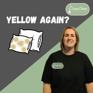 Yellow stained pillow beside a clean pillow with the headline Yellow Again