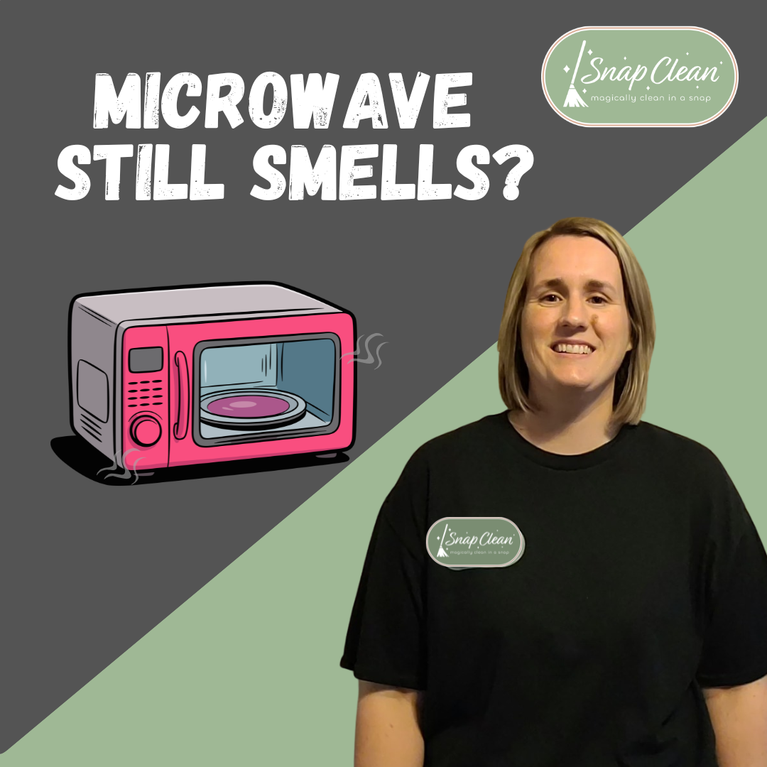 Illustration of a microwave with lingering odor and a homeowner explaining why microwaves still smell after cleaning