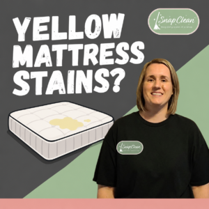 Snap Clean’s Brooke beside an illustration of yellow mattress stains, with the headline “Yellow Mattress Stains?”